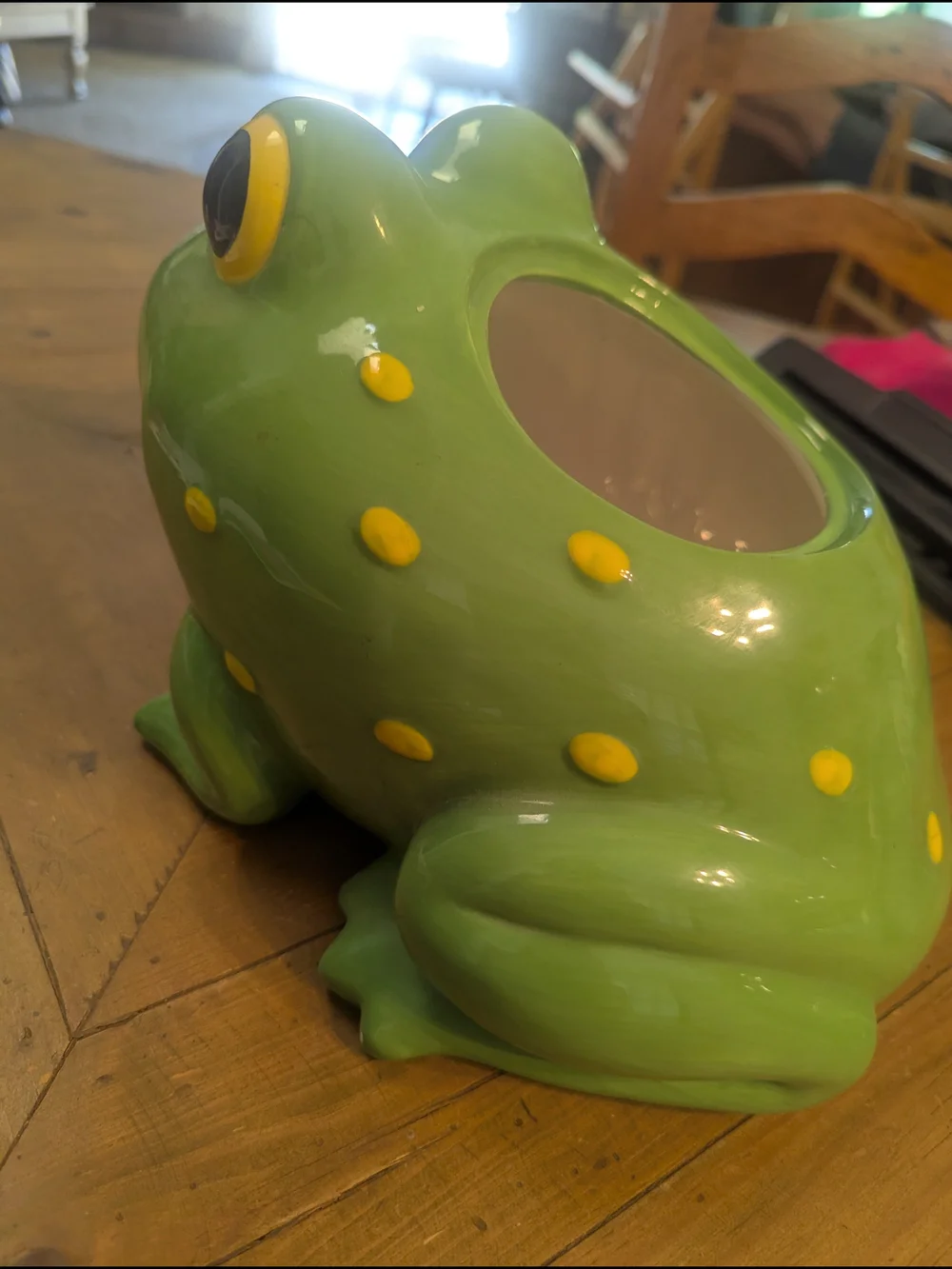 Playful Green Frog Ceramic Planter Or Cookie Jar with Yellow Accents